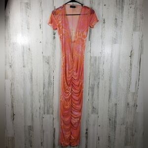 3/$15 Prettylittlething orange ruched sheer deep vneck maxi dress women's size 4